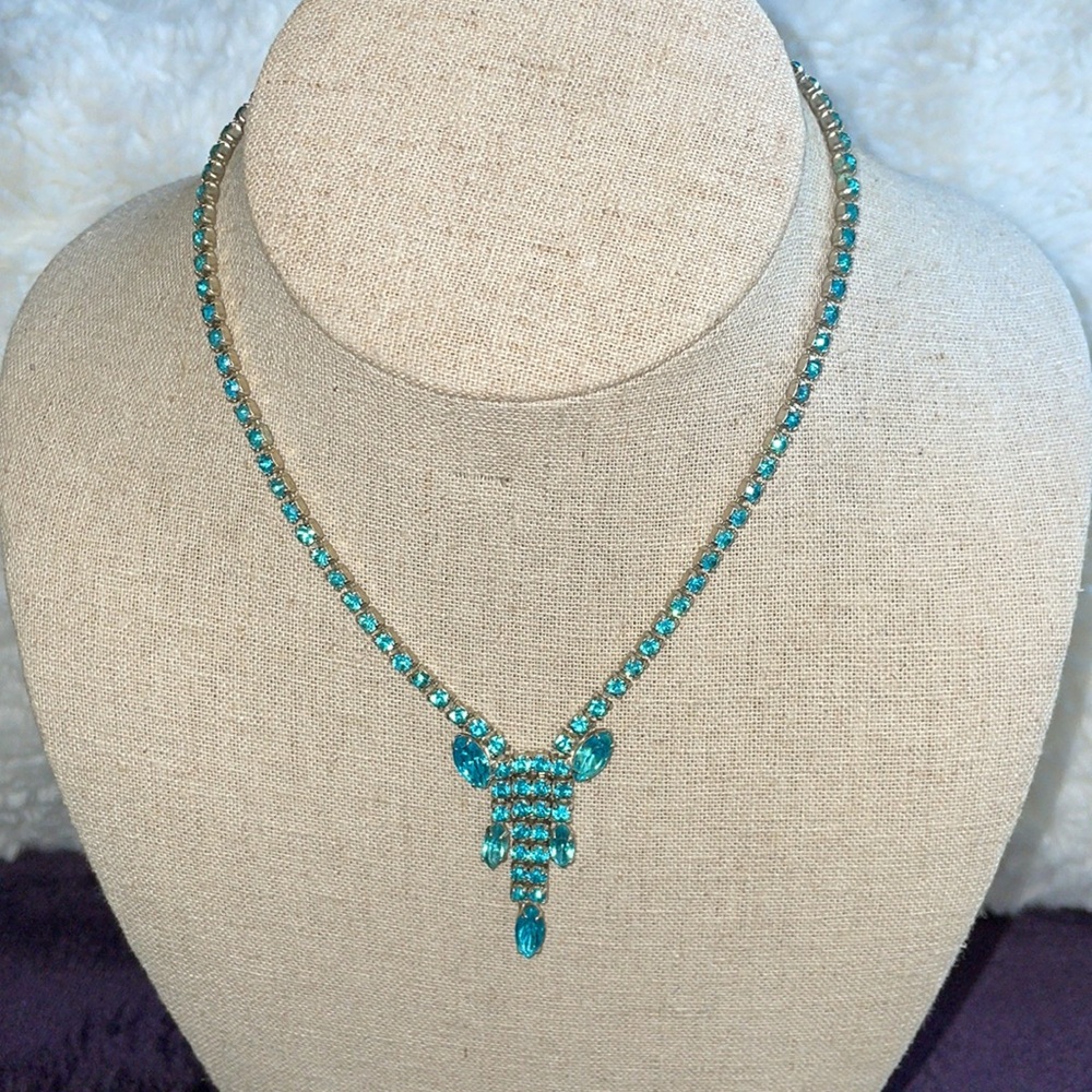 Vintage Aqua Blue Rhinestone Tasseled Necklace.  16”.